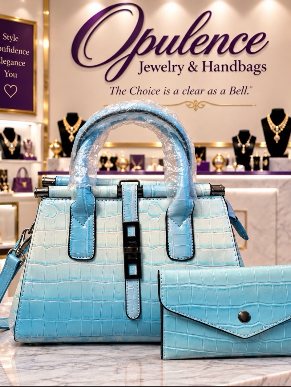 Croc-Embossed Small Satchel & Wallet – Light Blue